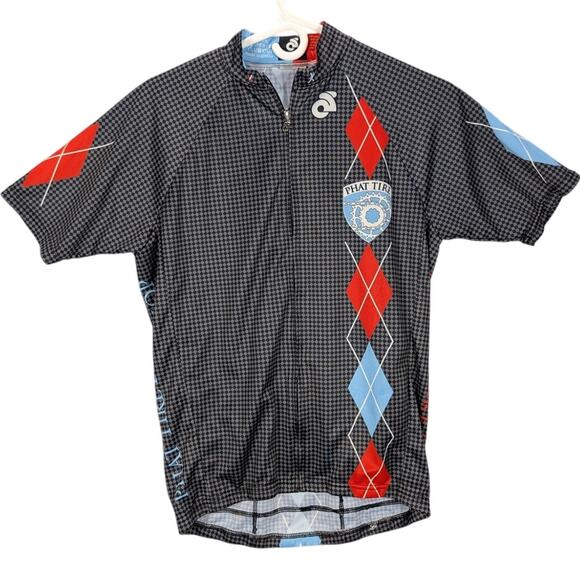 Phat Tire Bike Shop Cycling Shirt Womens Medium Black grey check Argyle Club Cut - Picture 1 of 10